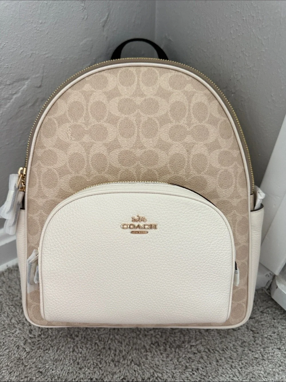 Coach Beige Signature Canvas and Cream Leather Mini Backpack with Gold Hardware